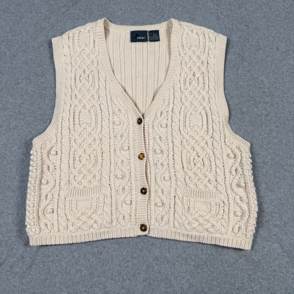 Lizwear Vintage Cream Cable Knit Sweater Vest Button Front Cotton Ivory Large